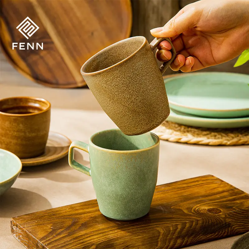Reactive-glaze ceramic mugs developed for a coordinated tableware range