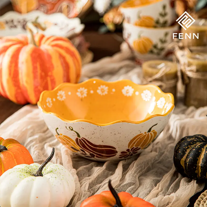 Decorated ceramic serving bowl developed for a seasonal collection