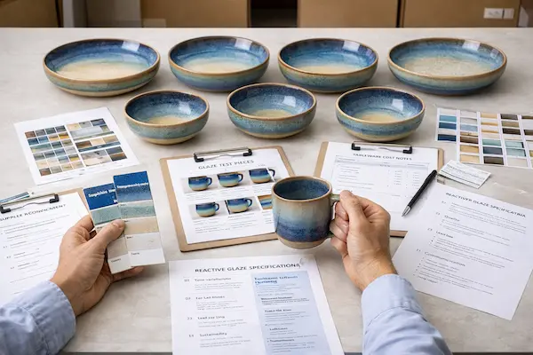 ceramic product development workflow with glaze samples, cost notes, and supplier evaluation criteria