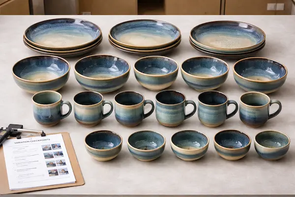 grouped ceramic production samples showing reactive glaze variation for quality control comparison