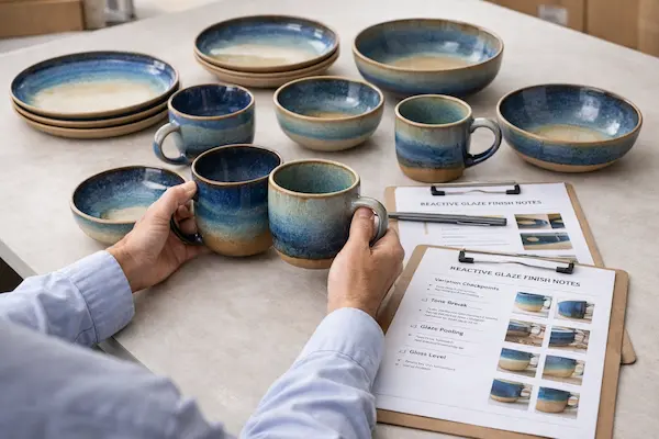 sourcing manager reviewing reactive glaze ceramic samples with finish notes and variation checkpoints
