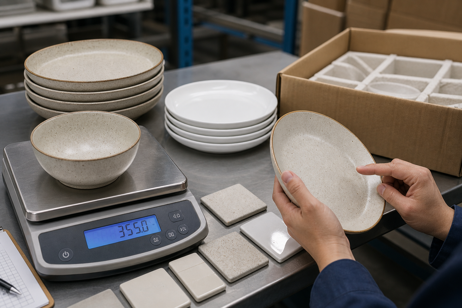 Ceramic dinnerware material review with scale, stacked plates, rim close-up, and packaging fit check
