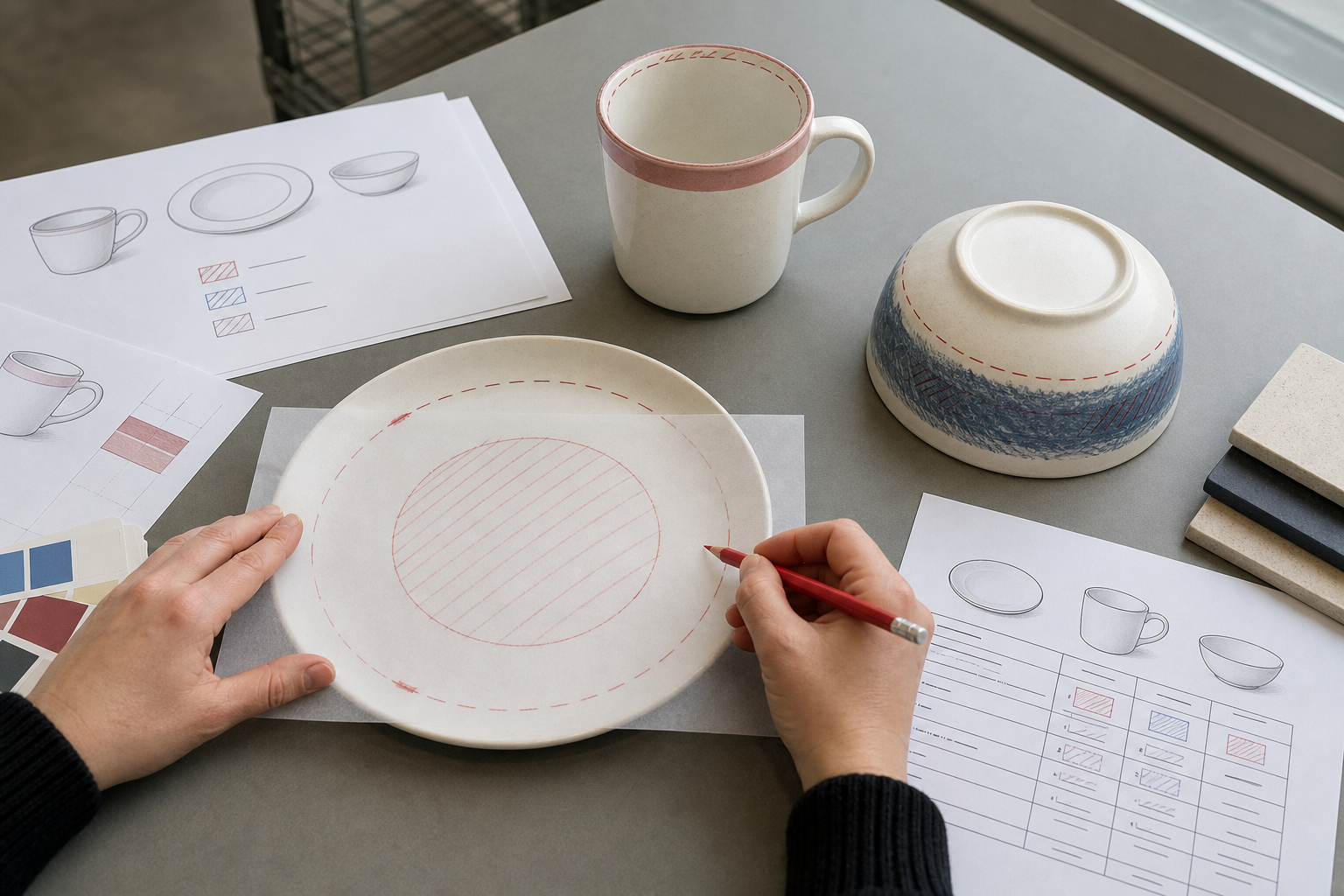 Ceramic plate, mug, and bowl reviewed with marked food-contact, rim, and exterior decoration zones