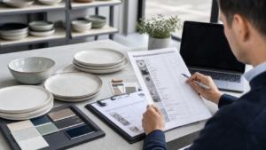 Buyer reviewing ceramic dinnerware factory audit documents with sample plates and compliance notes on a desk