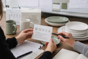Buyer and supplier review ceramic dinnerware care label symbols beside plates, mugs, and packaging samples