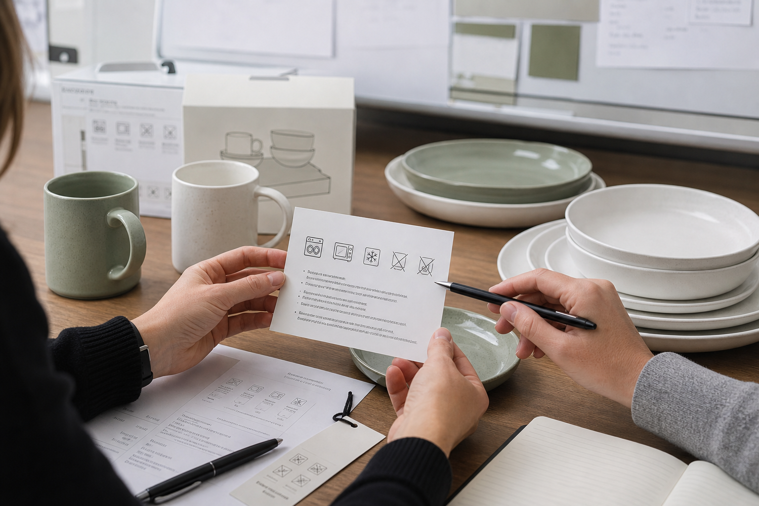 Buyer and supplier review ceramic dinnerware care label symbols beside plates, mugs, and packaging samples