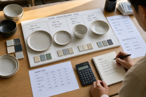 Buyer planning ceramic dinnerware MOQ with a focused SKU board, glaze chips, plates, bowls, and launch quantities