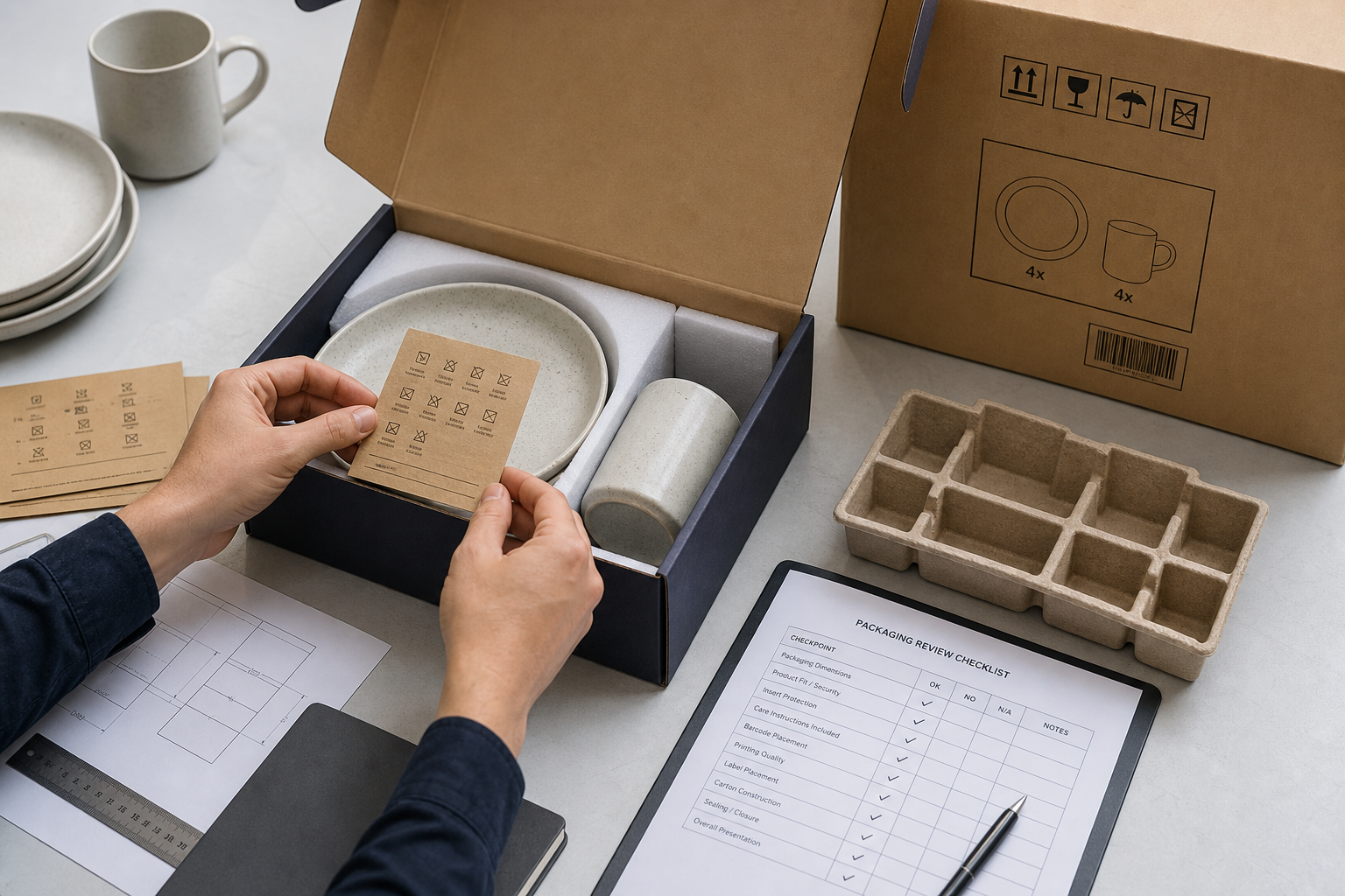 Care instruction card placed into a ceramic dinnerware gift box with export carton and protective packing