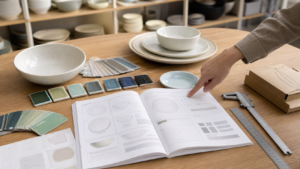 Ceramic dinnerware sample brief review with plates, glaze chips, calipers, and packaging references
