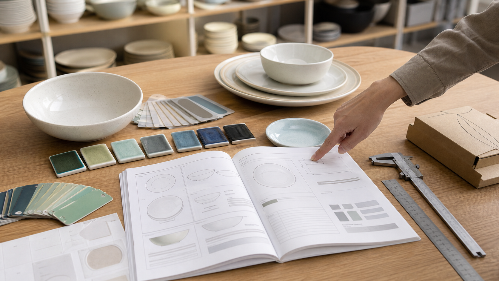Ceramic dinnerware sample brief review with plates, glaze chips, calipers, and packaging references