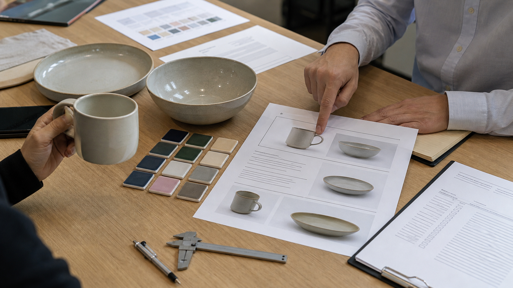Ceramic dinnerware samples beside a test report checklist for glaze, decoration, and food-contact review