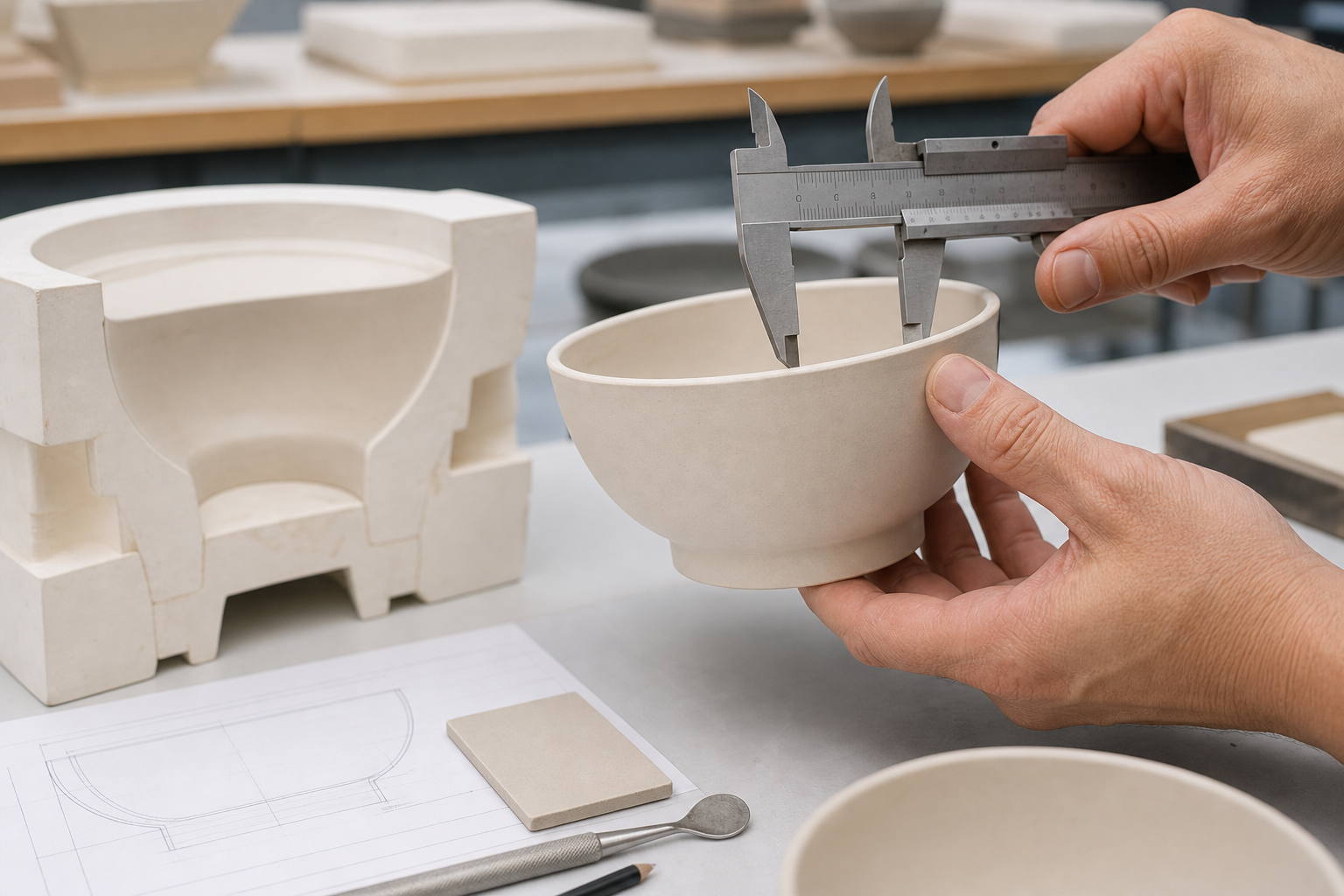Ceramic dinnerware prototype checked with calipers, mold notes, rim profile, and foot ring details