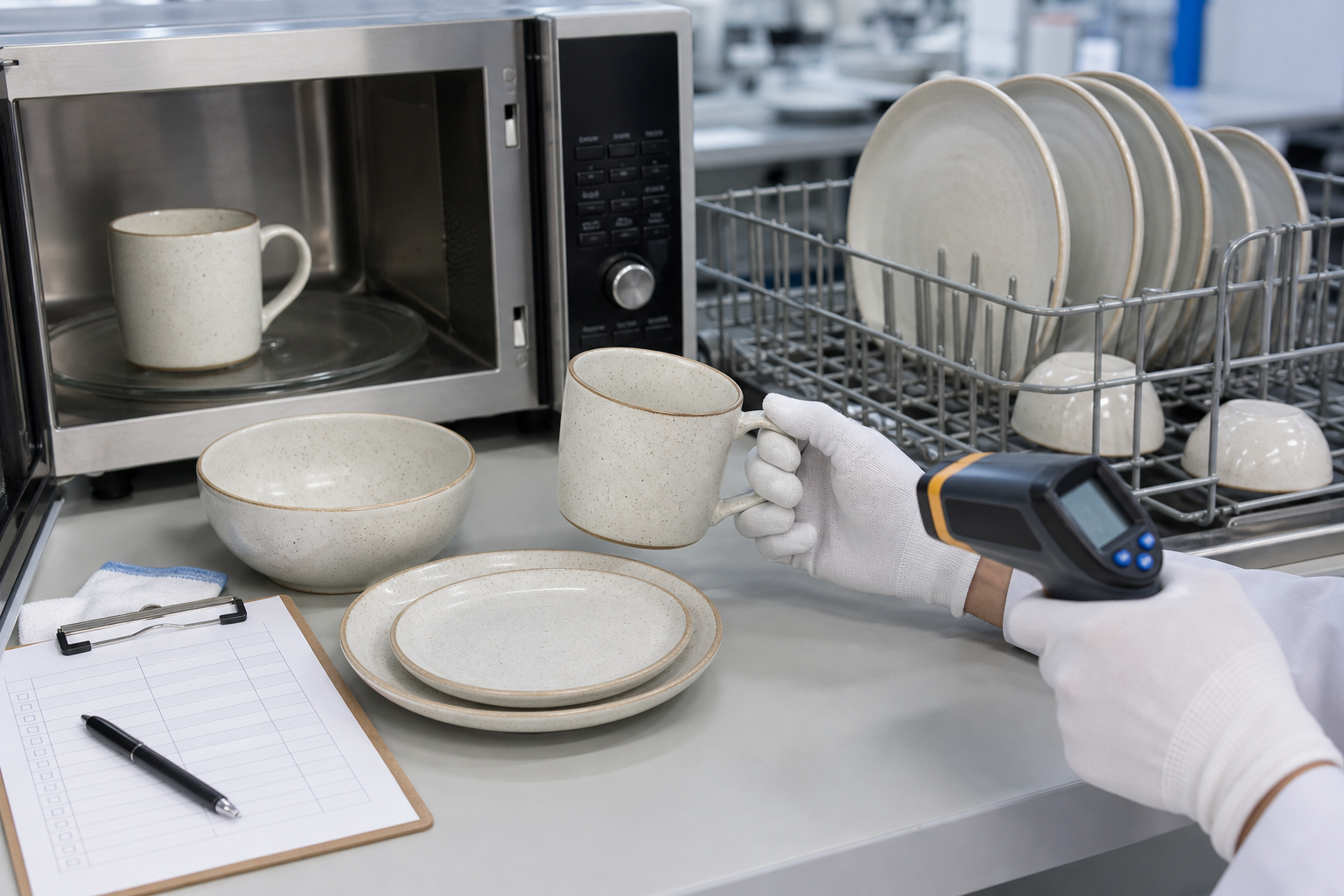 Ceramic mugs, bowls, and plates checked after microwave and dishwasher use testing in a factory QA room