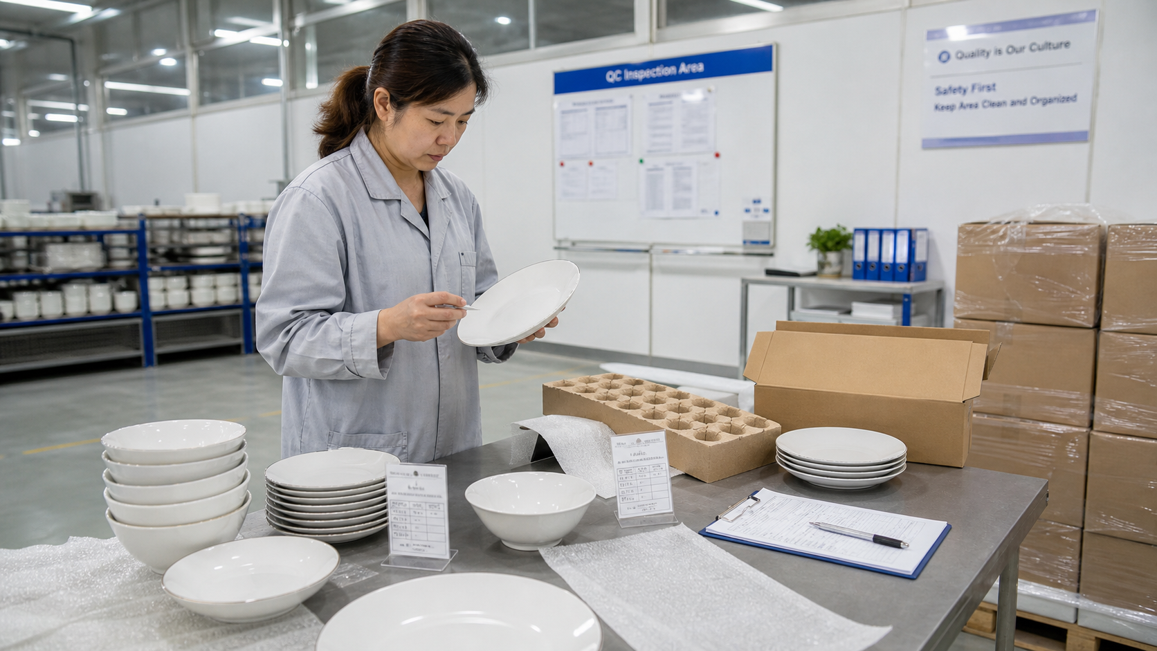 Ceramic factory QC walkthrough with plates, bowls, master samples, inspection tags, and packing materials