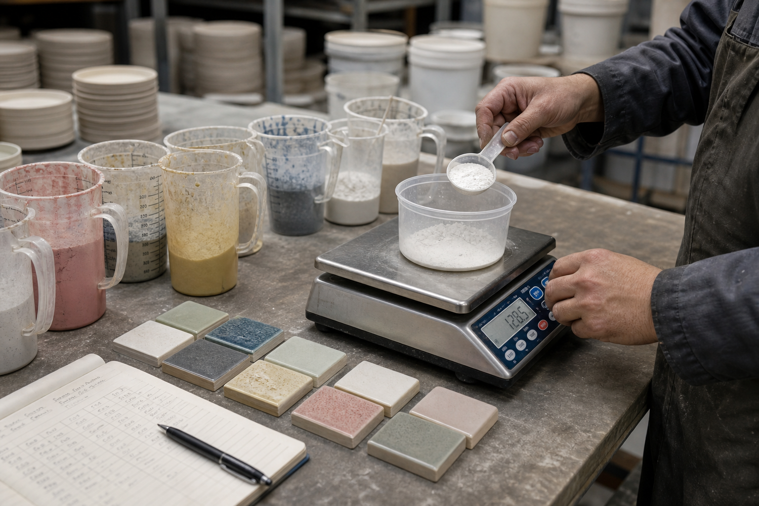 Ceramic factory glaze batching station showing color cups, weighing scale, and sample tiles for MOQ planning
