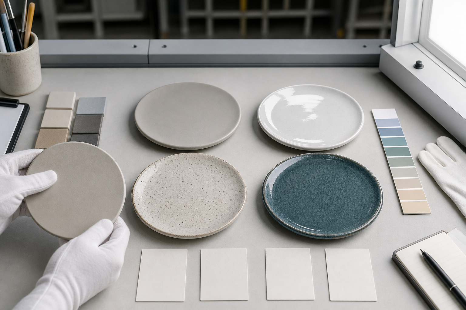 Ceramic glaze finish light booth review comparing matte, glossy, speckled, and colored dinnerware samples