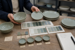 Buyer and factory team reviewing ceramic glaze master samples against color range boards for repeat orders