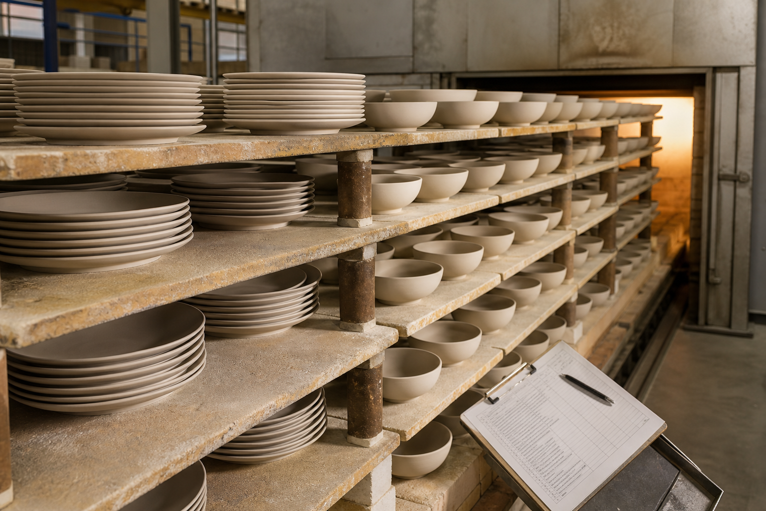 Ceramic plates and bowls arranged on kiln shelves to show how firing space affects dinnerware MOQ economics