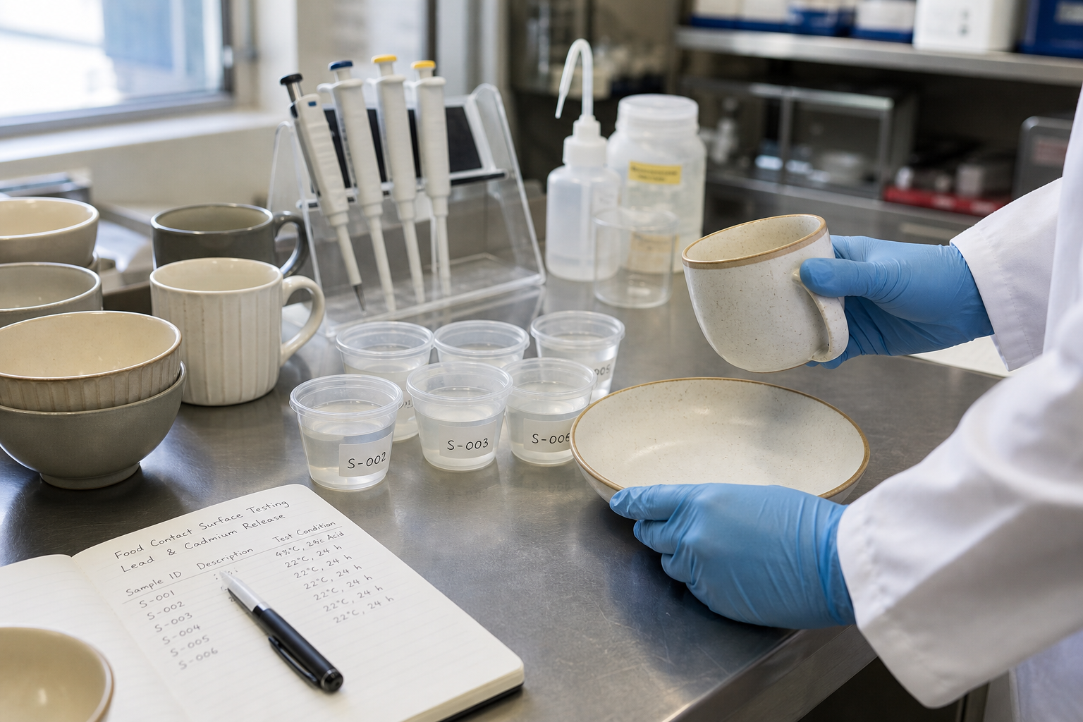 Lab bench preparing ceramic mugs and bowls for lead and cadmium release testing of food-contact surfaces