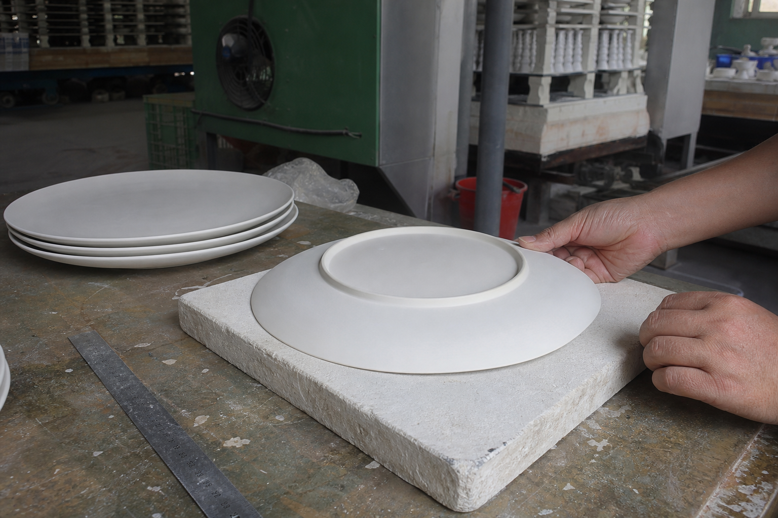 Worker checks a ceramic dinner plate foot ring and flatness on a simple reference slab in a real factory