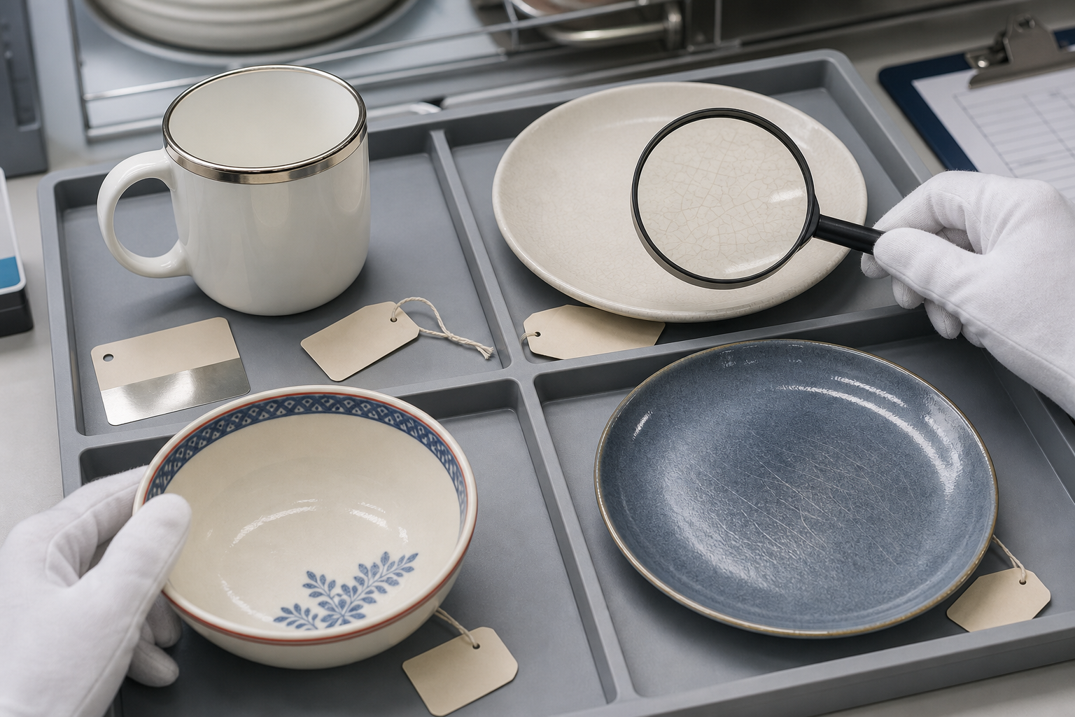 Factory QA tray diagnosing ceramic dinnerware microwave sparks, crazing, decoration, and dishwasher wear risks