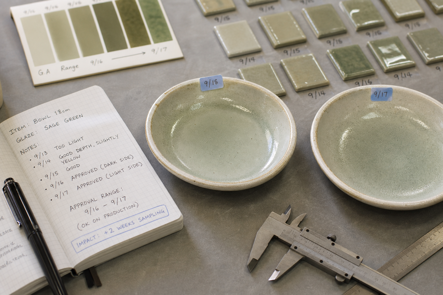 Factory sample review showing ceramic glaze test tiles, plate samples, dated approval notes, and color range checks