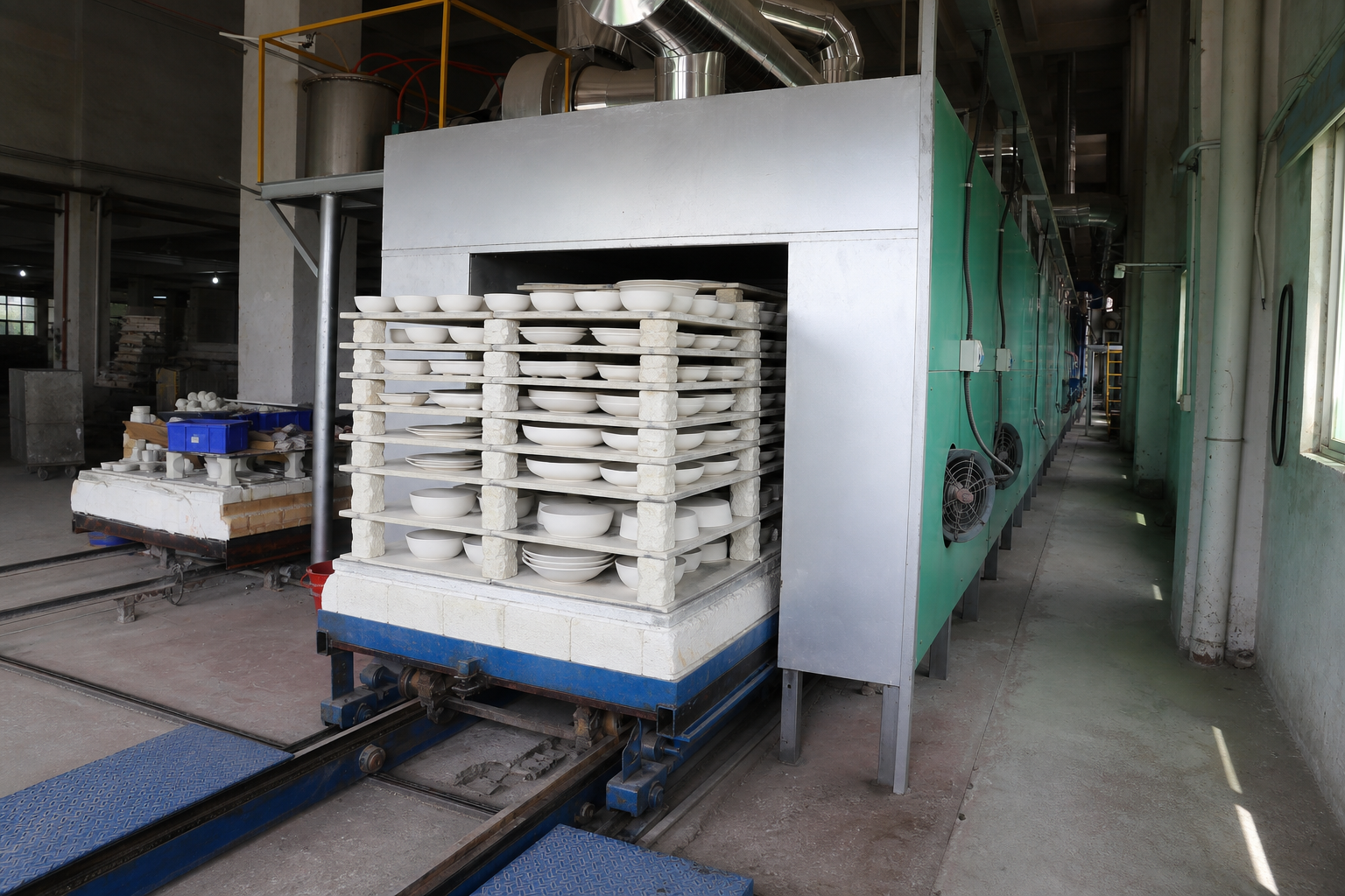 Loaded kiln car with ceramic plates and bowls supported by refractory shelves inside a working tunnel kiln