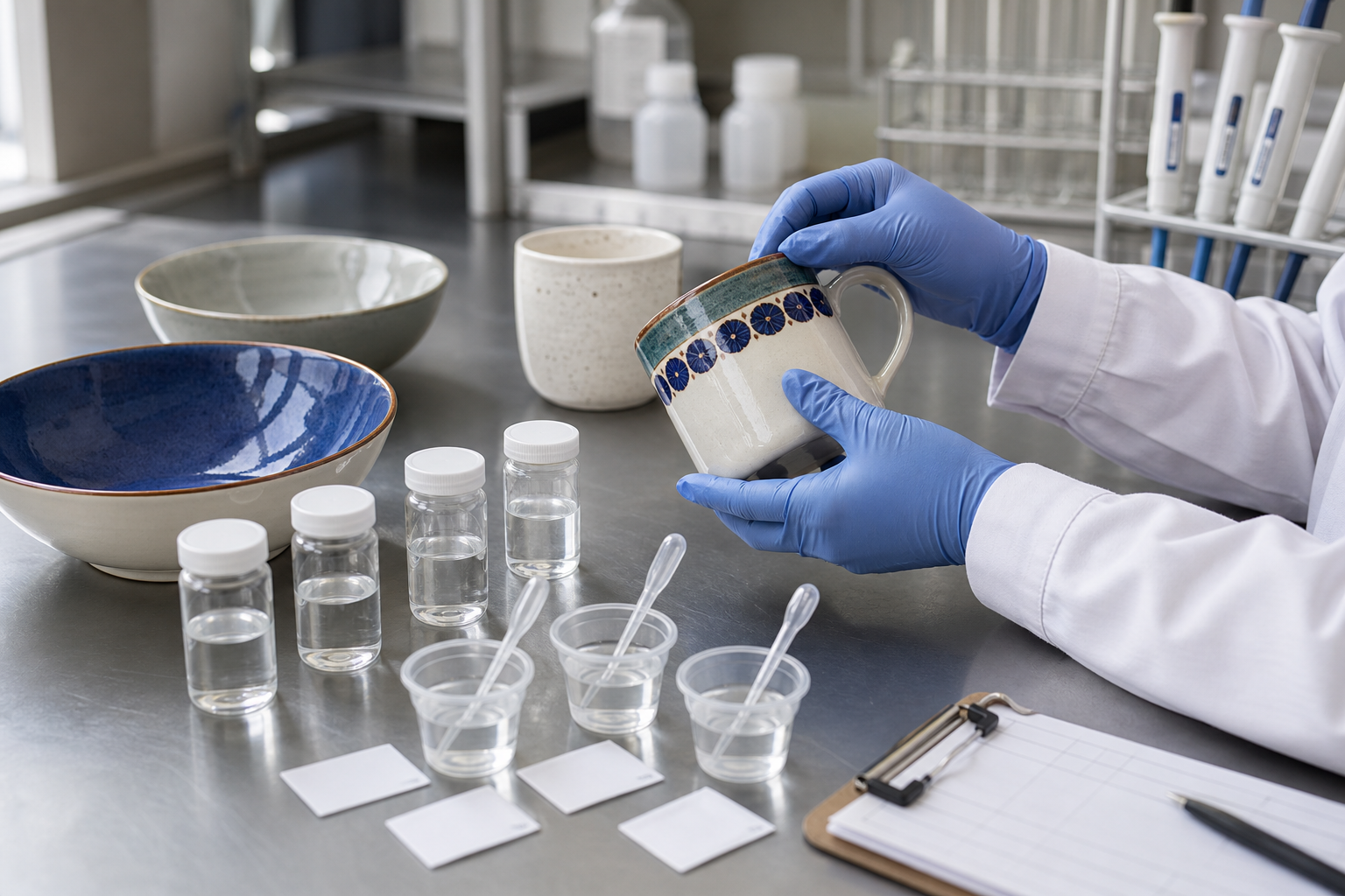 Lab-style setup tests colored glaze ceramic bowls and mugs for lead and cadmium release from food surfaces