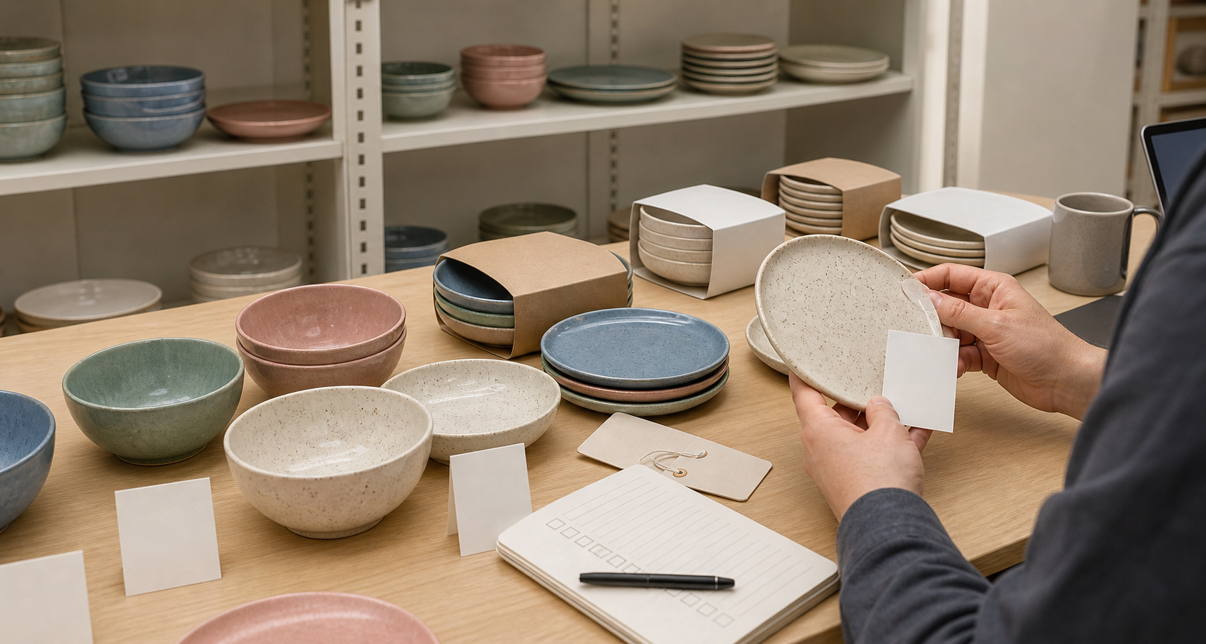 Colored and speckled ceramic dinnerware reviewed with care label and packaging notes for retail launch
