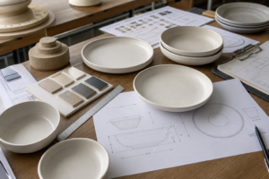 Buyer reviewing ceramic dinnerware shapes and custom mold drawings before choosing a development route