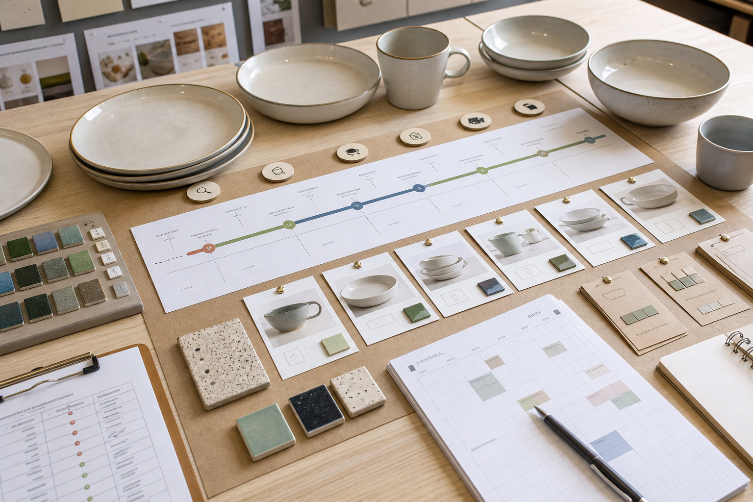Ceramic dinnerware buyer timeline board with sample plates, approval cards, calendar dates, and shipment milestones