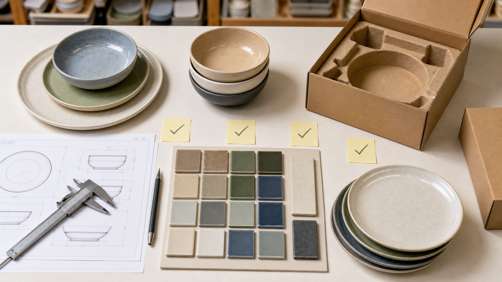 Buyer reviewing custom ceramic dinnerware samples, glaze chips, ruler, and blank packaging in a supplier sample room