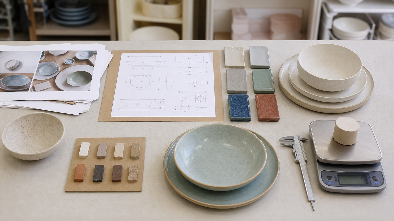 Custom dinnerware reference photos translated into ceramic specs with glaze tiles, drawings, and measuring tools