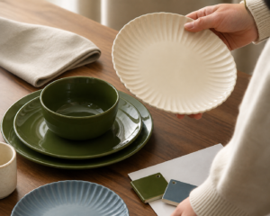 Real FENN-style ceramic sample review with green bowls, cream fluted plate, and safer color placement