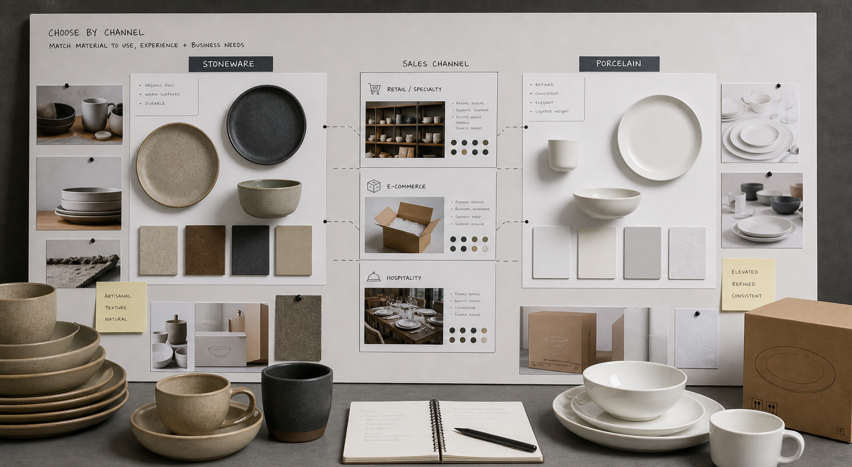 Buyer planning board comparing stoneware and porcelain dinnerware for retail, ecommerce, and hospitality channels