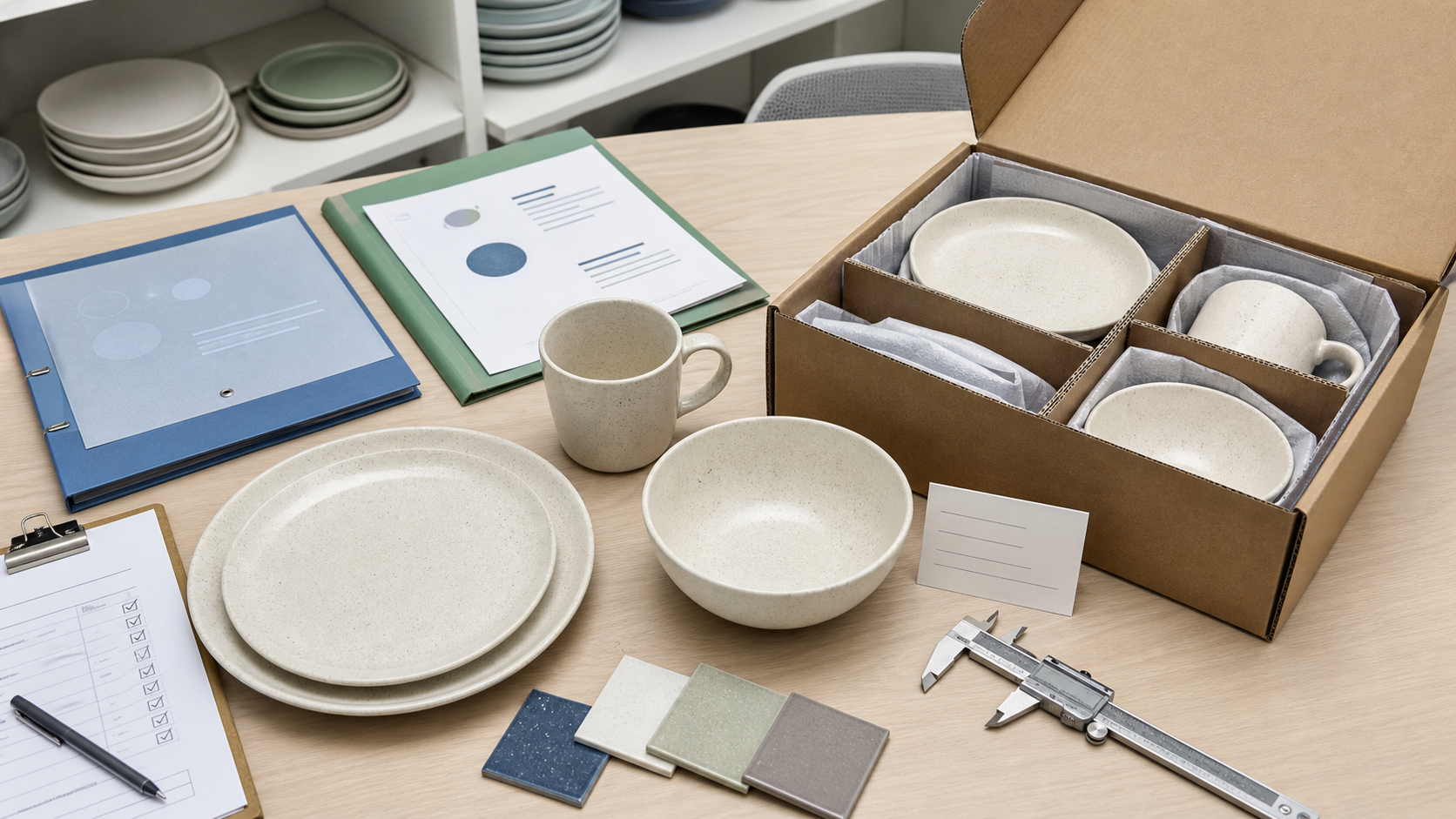 Ceramic dinnerware samples with export packaging, care label card, compliance folder, and QC checklist