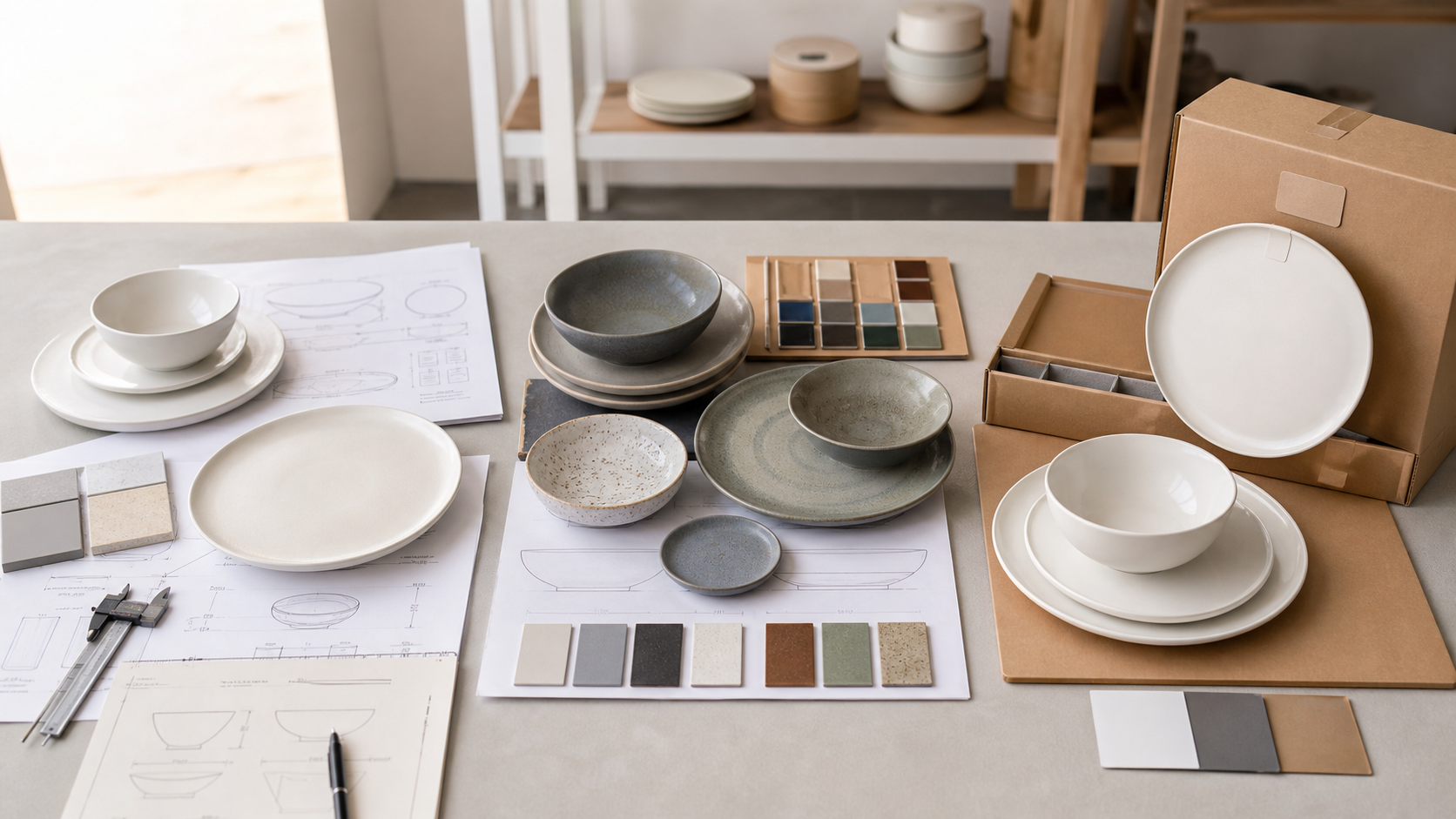 Ceramic dinnerware development decision table with drawings, glaze tiles, plates, bowls, and packaging samples