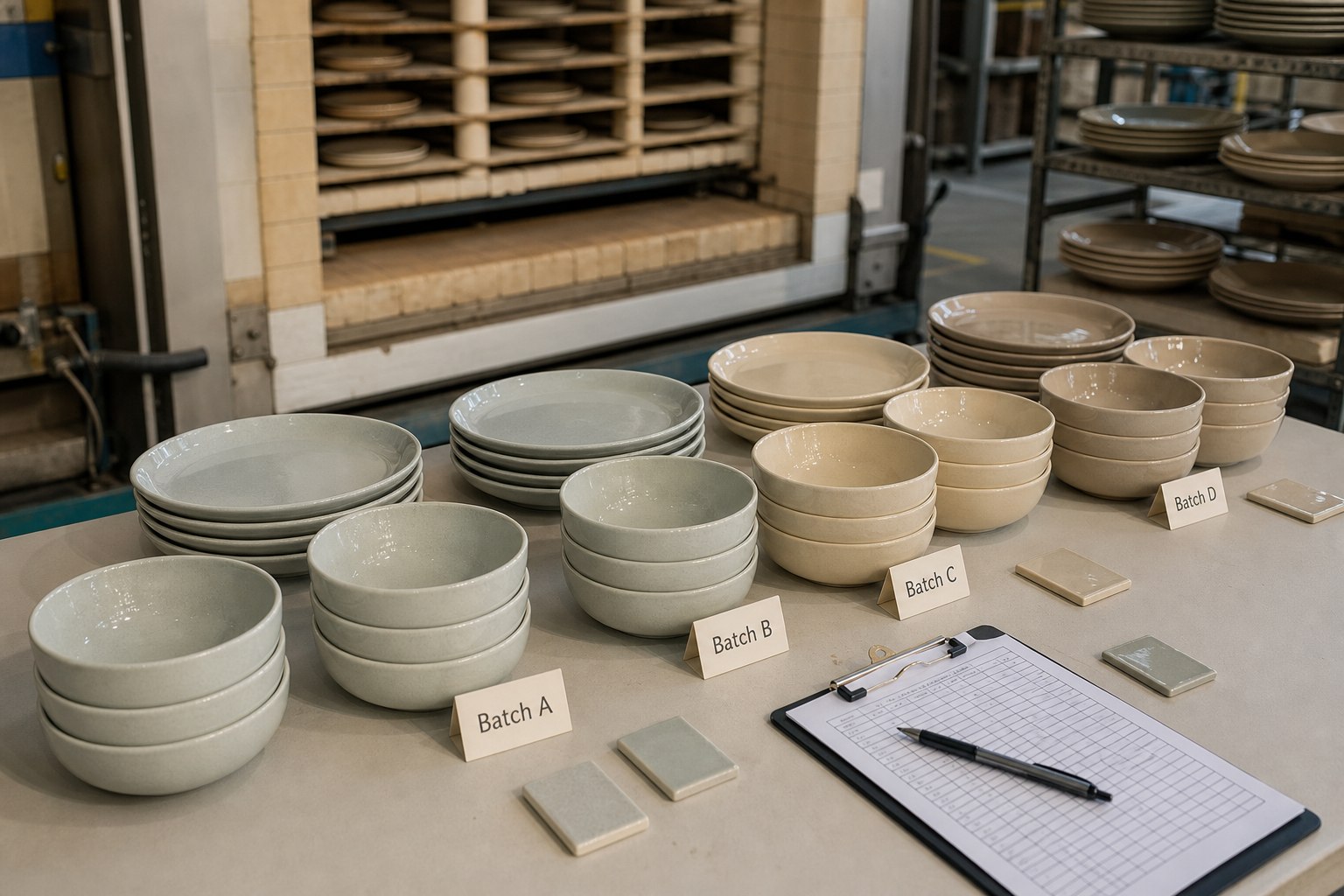 Ceramic dinnerware pieces arranged by kiln batch with glaze records for color consistency control