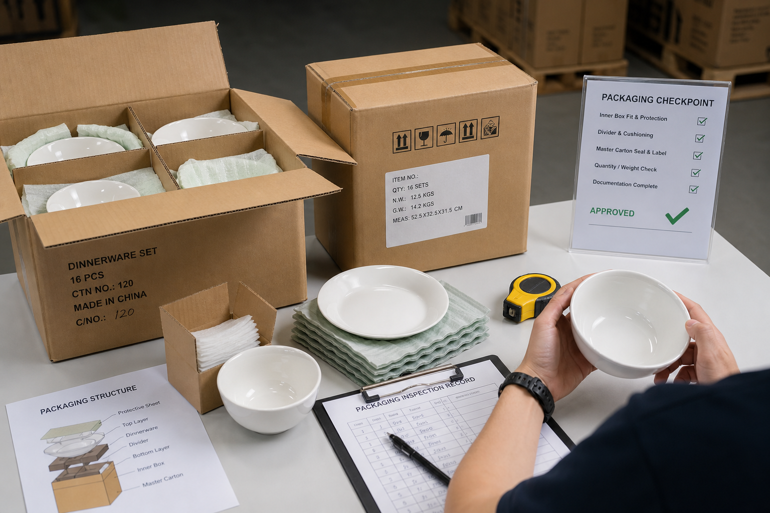 Export packaging checkpoint for ceramic dinnerware with inner protection, master cartons, labels, and inspection record