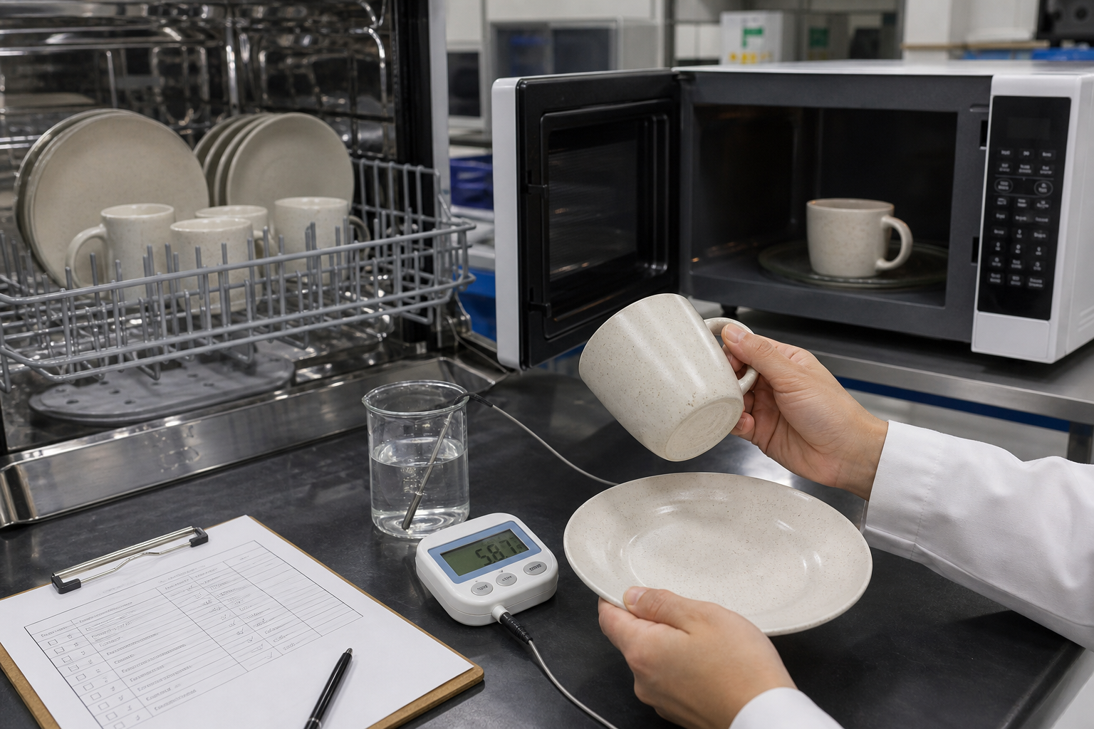 Ceramic mugs and plates checked in a lab for dishwasher and microwave safe care label claims