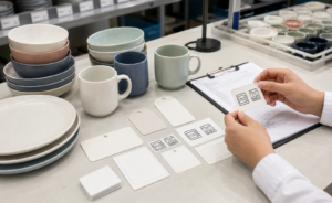 Ceramic dinnerware safety claim review with dishwasher and microwave care labels before bulk production
