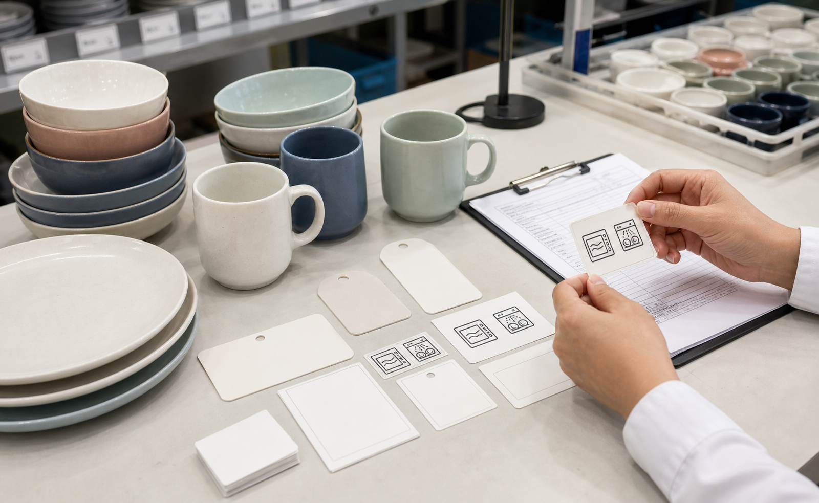 Ceramic dinnerware safety claim review with dishwasher and microwave care labels before bulk production