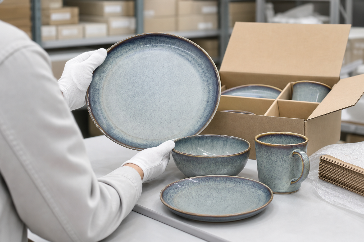 Buyer checking a boxed reactive glaze dinnerware set for color family, rim flow, and retail set matching