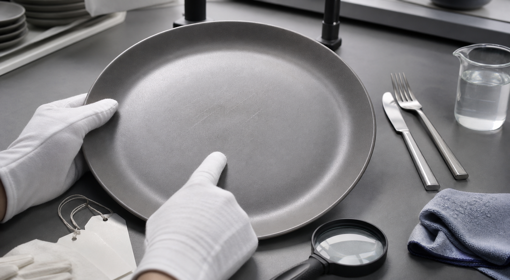 Matte ceramic plate inspected for cutlery marks and cleaning performance during factory quality control