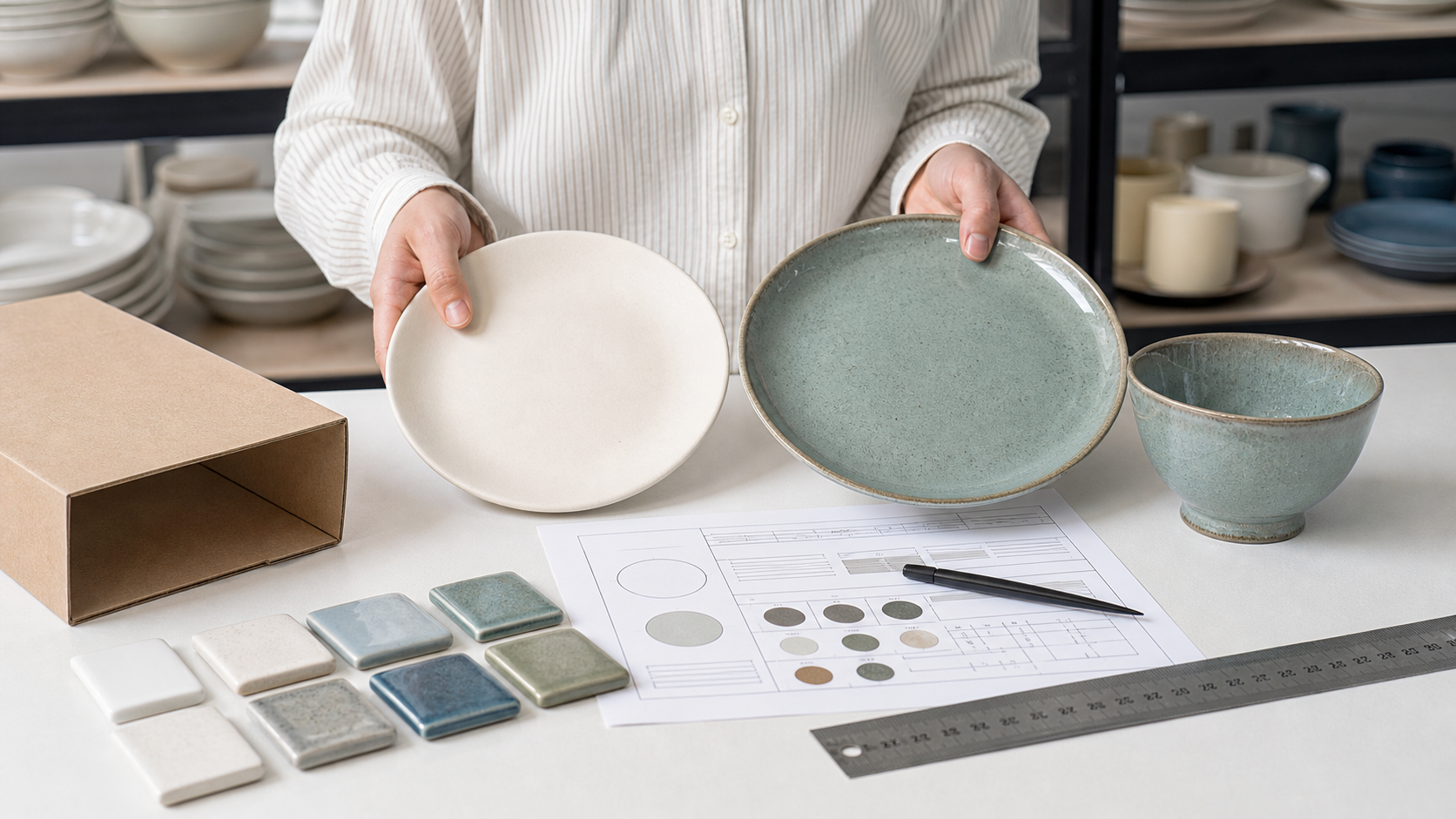 Ceramic dinnerware samples arranged for OEM, ODM, and private label project planning with specs and packaging