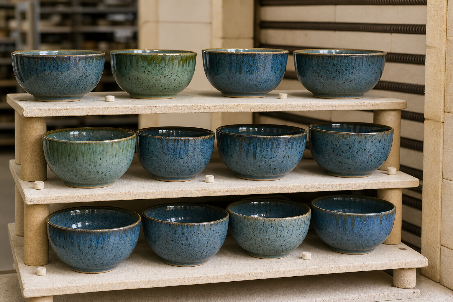 Reactive glaze ceramic bowls on a kiln shelf showing how firing position affects color flow and speckles