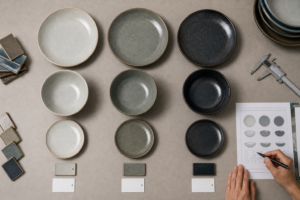 Reactive glaze dinnerware range board with light, middle, and dark approved samples for bulk production