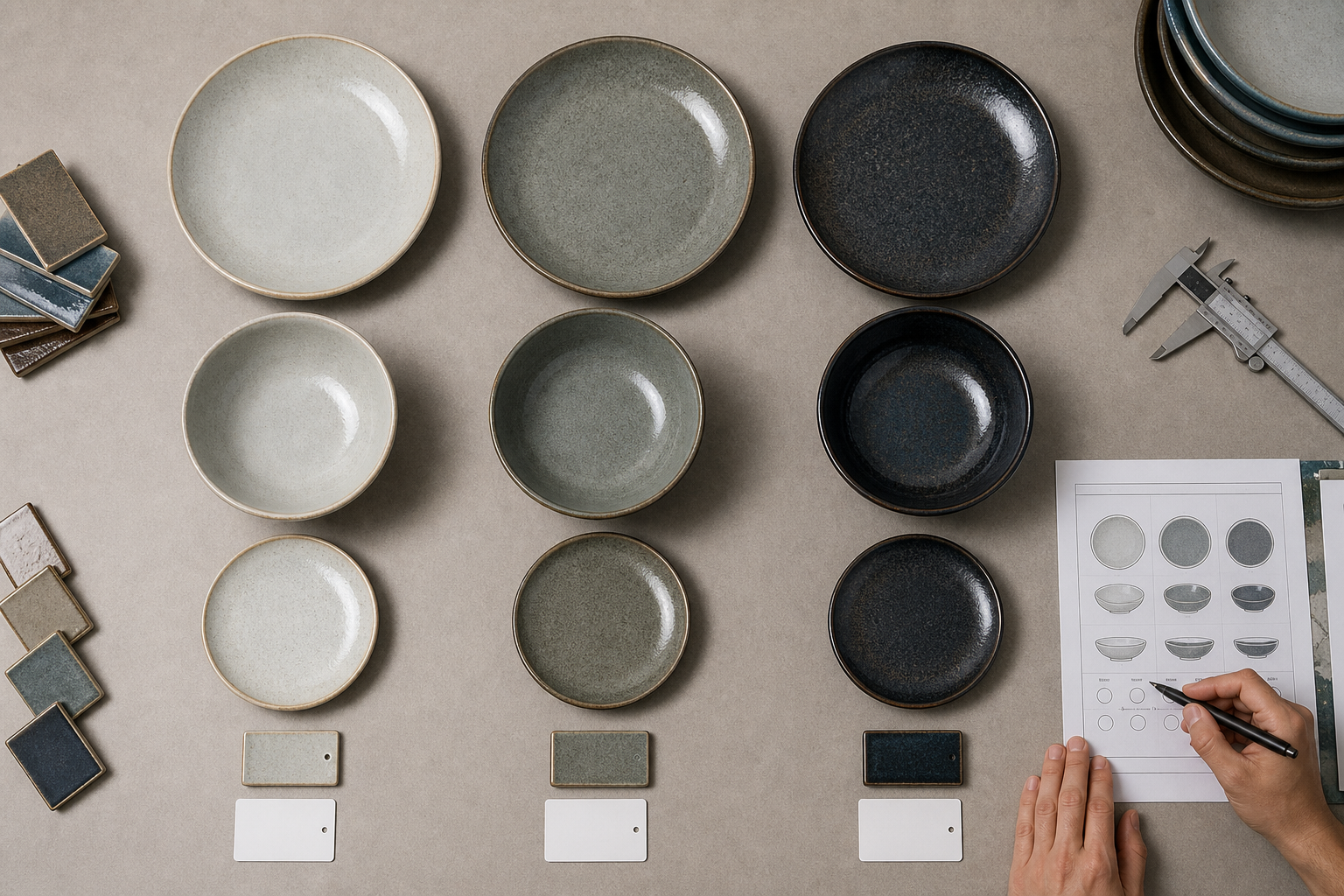 Reactive glaze dinnerware range board with light, middle, and dark approved samples for bulk production