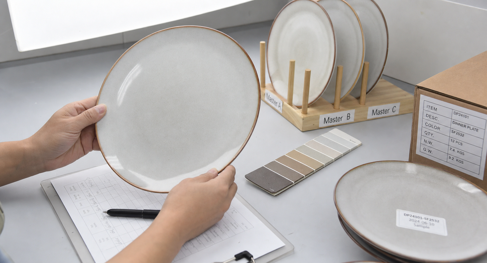 Inspector comparing repeat order ceramic plates under stable light with approved retained samples