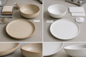Side-by-side stoneware and porcelain dinnerware samples showing body color, glaze finish, and rim thickness